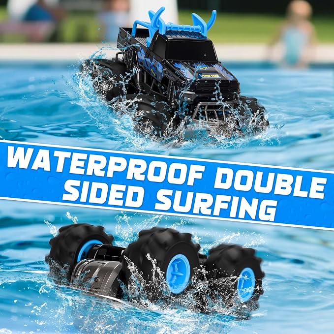 Lacchoufee 1:16 Waterproof Monster Truck Toys RC Cars, 2.4GHz Remote Control Truck for Kids Boy Ages 8,9,10,11,12 Years Old, 4WD All Terrain Off-Road with LED Lights RC Boat for Boy Girl Birthday Gift