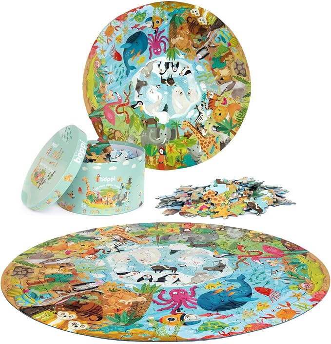 boppi Round 150 Piece Jigsaw for Kids Aged 5-8 | Educational Animals Around the World Puzzle with Continents & Animal Habitats | Eco-Friendly Recycled Cardboard