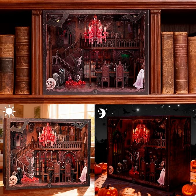 Haunted Manor DIY Miniature House Kit with LED Lights - Gothic Book Nook Decor, 3D Wooden Puzzle for Adults, Halloween Home Decoration (AAA Batteries Not Included)