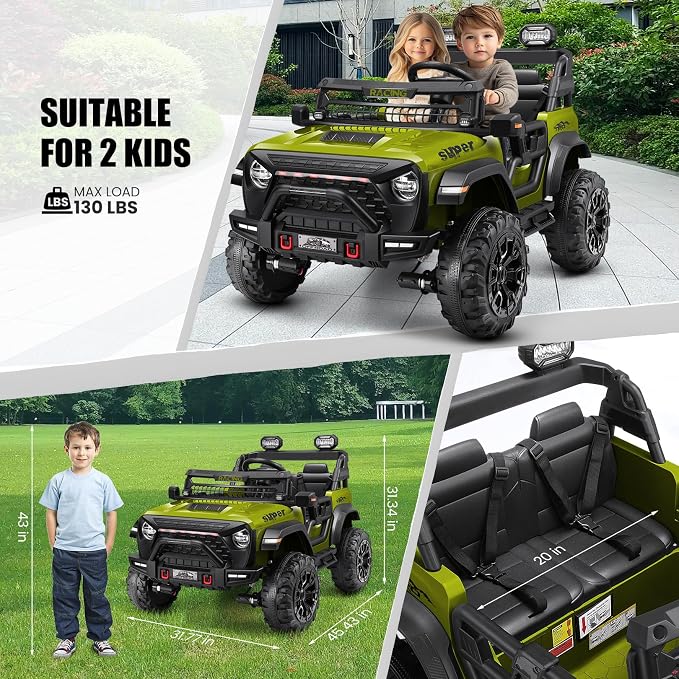 Hikole 24v Kids Ride on Car with 20" Width Seat, 2 Seater Battery Powered Electric Car, 4x100W Motor, Remote Control, 24 Volt Ride on Toy for Boys Girls, Green