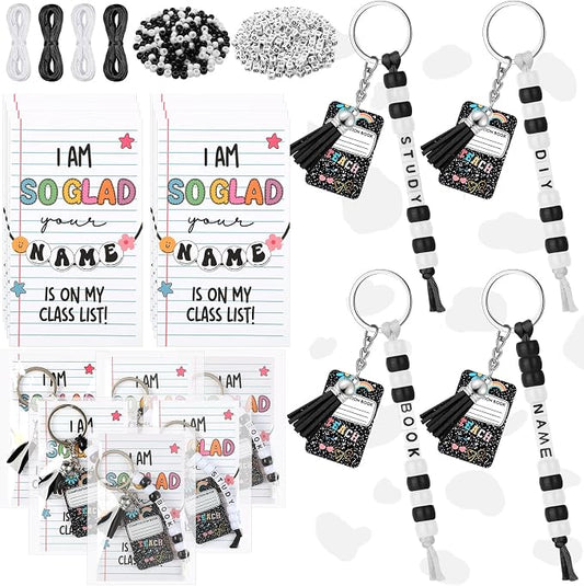 Suncalla 996 Pcs 24 Set Composition Book Keychain Making Kit Back to School Gifts DIY Bead Key Chain Crafts Adjustable Name Bead Notebook Card Kit Back to School Jewelry Graduation Party Supplies