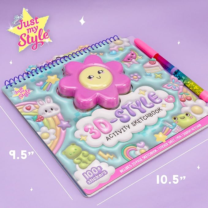 Just My Style 3D-Style Activity Book, 30 Pages of Coloring Activities, Includes Sticker, Glitter-Filled Pen, & Bonus Flower Keychain, Squishy 3D Cover, Drawing Pad for Kids, Sketchbook for Drawing