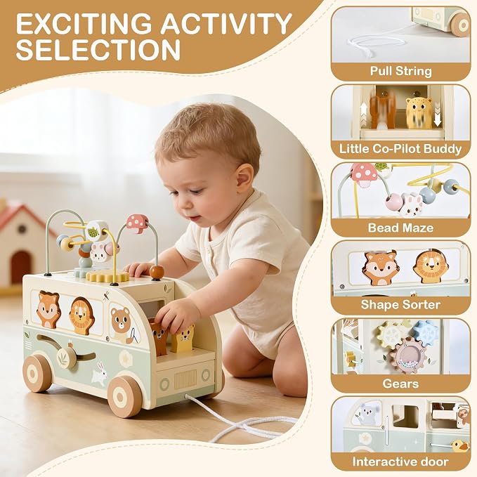 Pithfor Wooden Montessori Toys for 1 Year Old, Push & Pull Car Toys for Baby Toddlers 1 2 3 Year Old, 1st First Birthday Gift for Boys Girls, with Bobbling Driver & Bead Maze