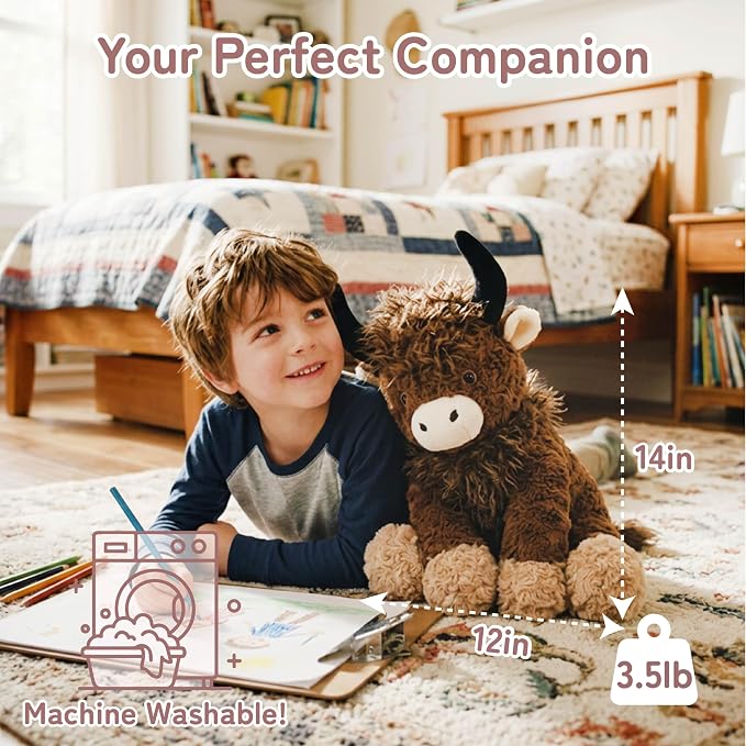 Niuniu Daddy 14" | 3.5 Pound Weighted Stuffed Animals Highland Cow, Weighted Plush Stuffy Realistic Scottish Cow Plushy for Kids Adults, Sitting Cuddly Toy Huggable Gift for Everyday Comfort