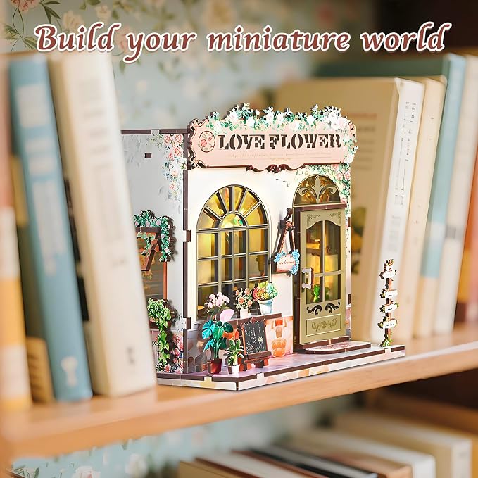 DIY Miniature House Kit, Flower Shop Book Nook Kit, Mini House Building Kit, Miniature Dollhouse Kit for Adults and Teens, 3D Wooden Puzzles with LED Light, Bookshelf Craft Kit for Family and Friends