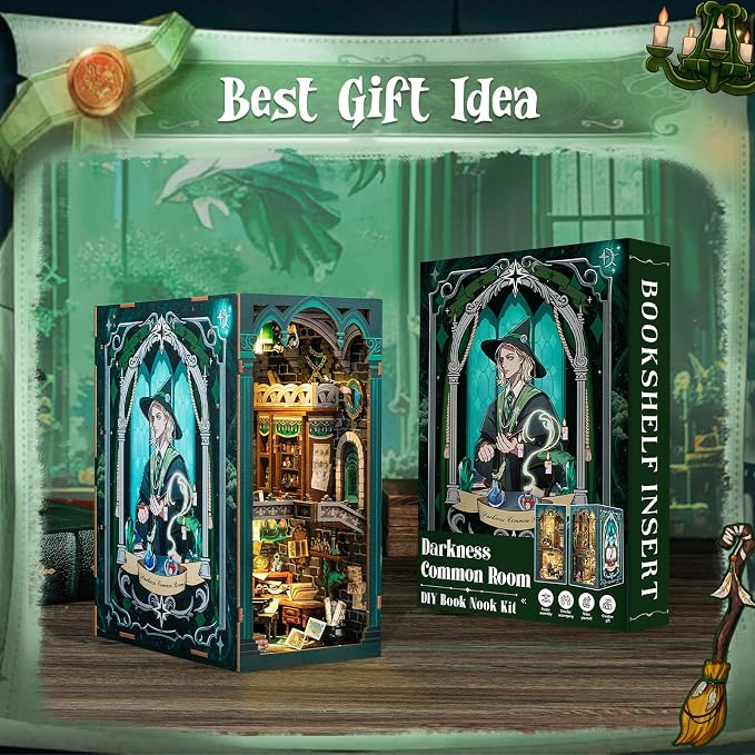 CUTEBEE Book Nook Kit - DIY Booknook Miniature House Tiny House 3D Wooden Puzzle Dollhouse Kit for Adults and Teens, Bookshelf Insert Decor, DIY Craft Gift Model Build (Darkness Common Room)