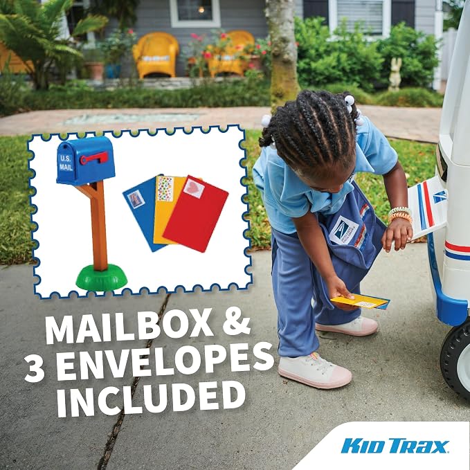 Kid Trax 6V USPS Mail Truck Ride-On Toy, Ages 3-5, Max Weight 60 lb, Includes Mailbox, Play Envelopes, Working Headlights/Horn, FM Radio/MP3 Input