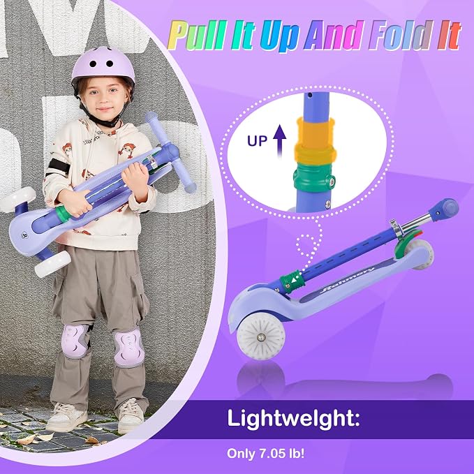 Rahmory Kids Scooter for Boys Girls Ages 3-8, 3 Wheel Light Up Toddler Kick Scooter with 20 Dynamic LED Modes, Foldable Adjustable Height, Extra Wide Deck, Lean to Steer Outdoor Toy Gift