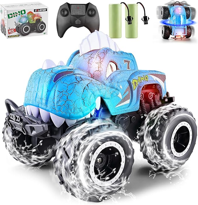 Amphibious Remote Control Car, 1:20 Waterproof Dinosaur Monster Trucks for Boys Age 4-7, 2.4GHz All Terrain RC Cars with 2 Batteries, 360° Rotating Stunt RC Car Toy Birthday Gift for Kids 3-5