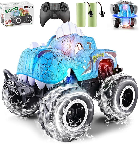 Amphibious Remote Control Car, 1:20 Waterproof Dinosaur Monster Trucks for Boys Age 4-7, 2.4GHz All Terrain RC Cars with 2 Batteries, 360° Rotating Stunt RC Car Toy Birthday Gift for Kids 3-5