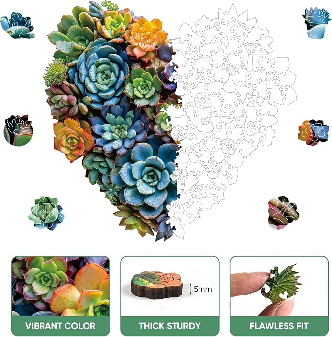 Mys Aurora Puzzles for Adults 500 Pieces, Heart Succulent Jigsaw Puzzles, Unique Shaped Wooden Puzzles for Adults and Kids， Fun Challenging Family Plant Puzzle Game 17.5'' x 16.7''