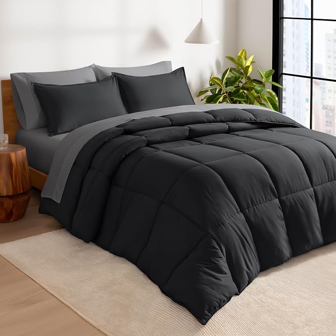 Bare Home Bed-in-A-Bag 7 Piece Comforter & Sheet Set - King - Goose Down Alternative - Ultra-Soft 1800 Premium - Bed Set (King, Black/Grey)