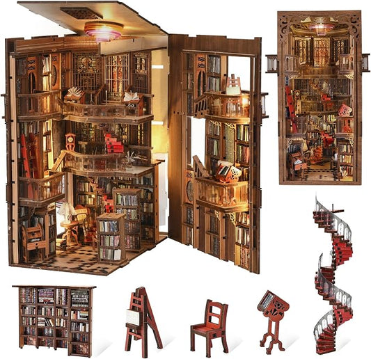 CCCDF Book Nook Kit, DIY Miniature House Kit for Adult, Dollhouse Booknook Library Tiny House Bookshelf Decor 3D Wooden Puzzle with Dust Cover, Gifts for Family, Friends (Abbey Library)