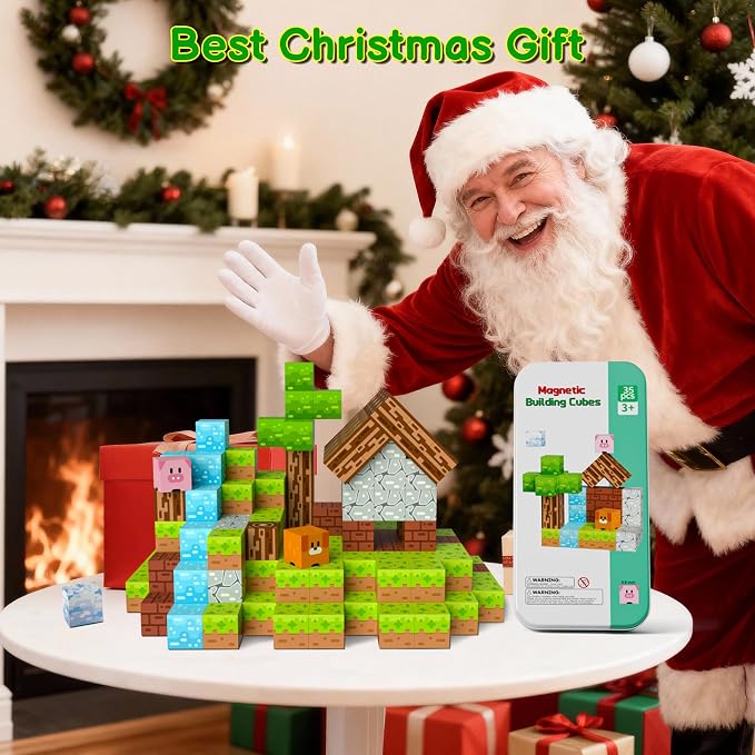 Magnetic Blocks Minecraft-Style Magnetic Building Blocks Cubes - 35PCS Tin Box Magnet Toys Travel Set STEM Educational for Kids Ages 4-8 6-8 8-12 Year Old Boys Girls Birthday Christmas