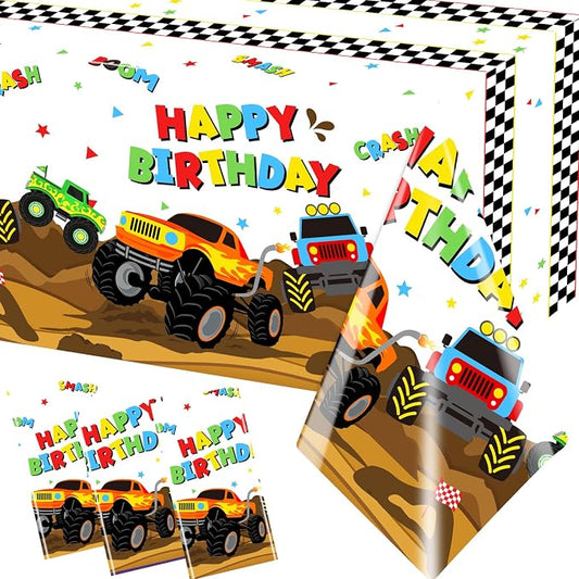 Monster Truck Tablecloth - 3 Pcs Disposable Machine Table Cover, Checkered Tablecloth for Monster Truck Birthday Party Decorations