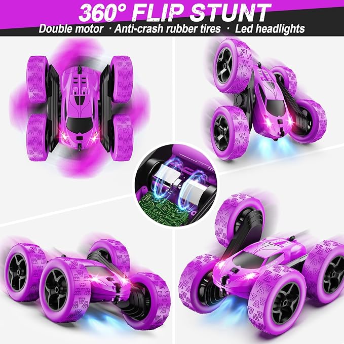 QUNREDA RC Cars, Purple Remote Control Car for Girls, 2.4 GHZ Double Sided RC Stunt Car 360° Rotating Remote Control Crawler with Headlights Car Toys for 6 7 8 9 10 11 12 Girls Birthday Gift