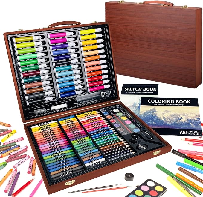 KINSPORY 150PC Art Set with Sketch Book, Coloring Art Kit Drawing Art Supplies Case, Markers Crayon Colour Pencils for Budding Artists Kids Teens Boys (Brown)