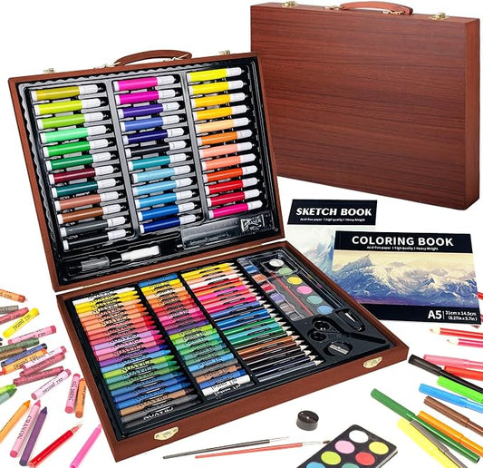 KINSPORY 150PC Art Set with Sketch Book, Coloring Art Kit Drawing Art Supplies Case, Markers Crayon Colour Pencils for Budding Artists Kids Teens Boys (Brown)
