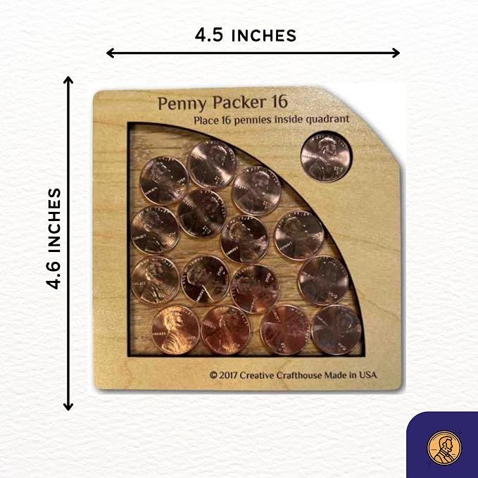 Creative Crafthouse Penny Packer 16 Wood Coin Packing Puzzle for Adults | All the pennies you need are included. Lay each piece flat to find the one solution. A desk and coffee table gift