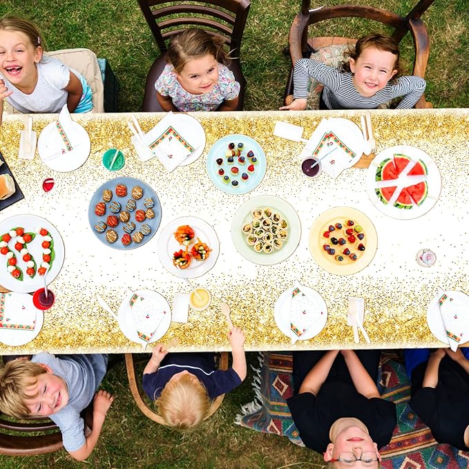 Happy Birthday Tablecloths - Gold & White Party Decorations, 3pcs Disposable Table Covers for Indoor/Outdoor Birthdays