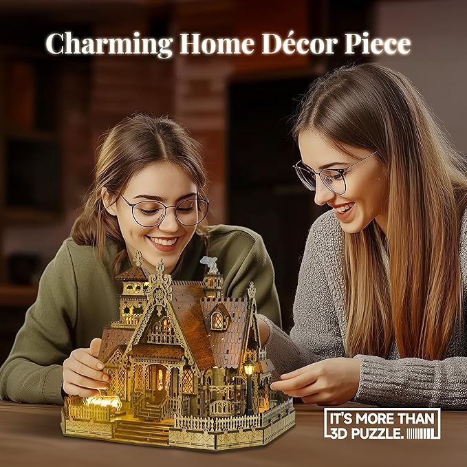 FUNPOLA 3D Wood Puzzle Countryside Cottage Model - DIY Miniature Building Kit with Spark LED Lights - Craft Rural Architecture Home Décor Gift for Adults