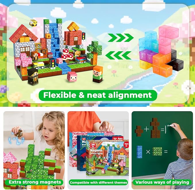 300 PCS Magnetic Blocks - Magnetic Building Block, Stacking Magnet Building Cubes for Kids, Magnetic Construction Toy for Boy Girl, STEM Montessori Sensory Toy Ages 3-12 Years Old Birthday Gift