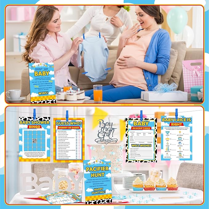 327 Pcs Cartoon Story Baby Shower Game Supply for Girl or Boy Include 200 Activity Card 25 Pencil 1 Don't Say Baby Sign 50 Clothespin 1 Pacifier Hunt Sign 50 Pacifier for Price Is Right Party Decor