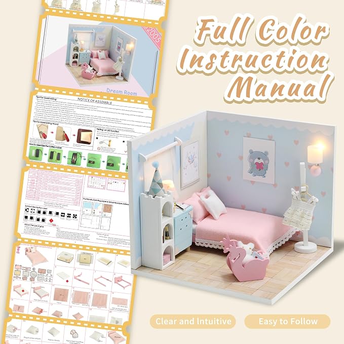 Kisoy Dollhouse Miniature with Furniture Kit, DIY 3D Wooden DIY House Kit A Corner of a Small Apartment Style with Dust Cover & LED,Handmade Tiny House Toys for Kids Adults Gift (Dream Room)