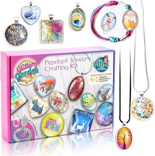 Glittery Garden Girls Jewelry Making Kit. Necklace & Bracelet Crafting Set | Pendant Craft Kit with Glass Beads & Charms. Fashion Accessories, Arts Crafts Supplies. Birthday Gift for ages 8-12