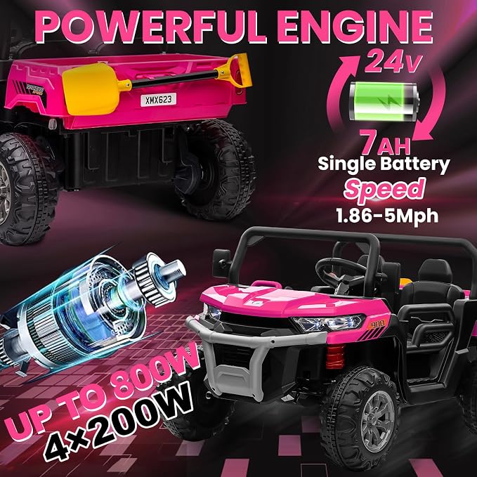 24V 4WD Ride on Truck Car w/4X200W Motor, Dump Bed, Gift Flower, 2 Seaters, Remote Control, 4 Wheeler, LED Light, Music, 24 Volt Ride on Toys for Big Kids Girls 3-8, Pink