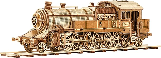 Wood Trick Grand Traveler 246 Wooden Train Set w/Railway - Rides up to 20ft - 16x4″ - Locomotive Model Kit - 3D Wooden Puzzles for Adults to Build - Engineering DIY Models for Adults to Build