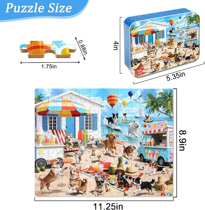 MZZOTOY Dog Beach Party Puzzle for Kids Ages 4-8, 100 Pieces Jigsaw Puzzles for Kids Ages 3-5， Learning Educational Puzzles Toys Great Gift for Boys Girls in a Metal Box