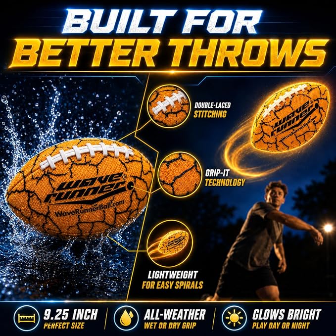 Wave Runner Light Up Football for Kids, Glow in The Dark LED Football, Rechargeable Football, Junior Size Waterproof Football Toy, Outdoor Football Gifts for Boys 8-12