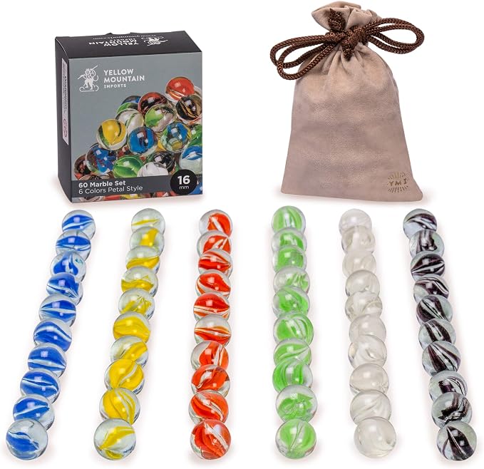 Yellow Mountain Imports 60 Pieces Translucent Chinese Checkers Glass Marbles with Petal Design - 16 Millimeters