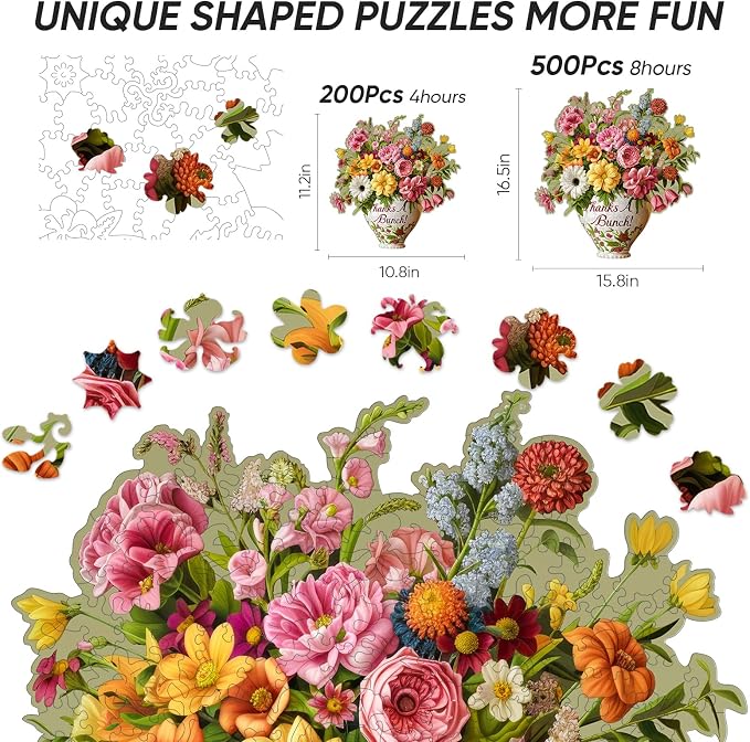Wooden Puzzles for Adults, Flower Vase 200 Pieces Jigsaw Puzzles, Unique Shaped Liberty Wooden Puzzles Birthday Gifts for Mom Adults and Kids, Family Game 11.2 * 10.8in