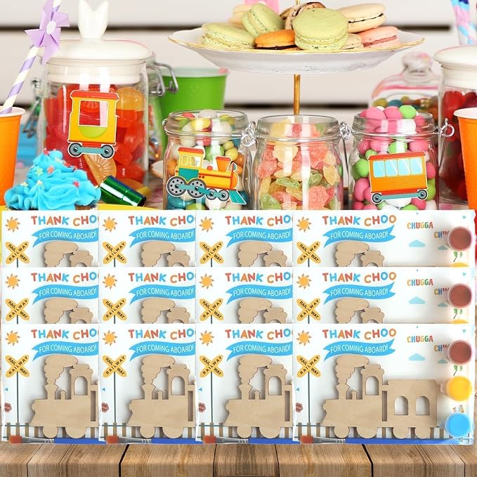 12 Pack Pre-Packaged Train Party Favors, Wooden Train Painting Kits, Choo Choo 2nd Birthday Decorations, Toddler Party Favors & Goodie Bag Stuffers for Kids 3-5