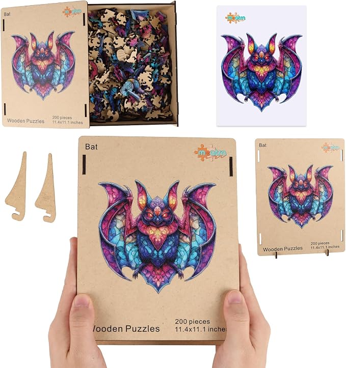 MEATRN Wooden Puzzles for Adults and Kids - Stained Glass Bat Wood Jigsaw Puzzle, Mystical Nocturnal Creature, Relaxing Family Game, Festival Decorative Gift, 503 Pcs, 16.7x16.3 in
