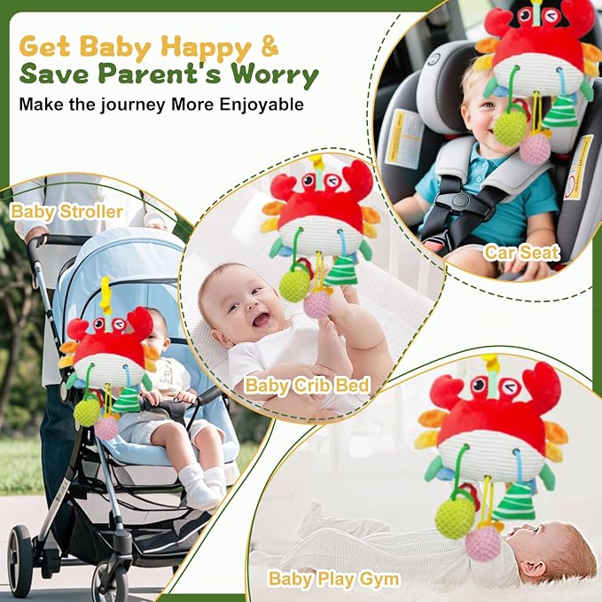 Car Seat Baby Toys 0-6 Months，Stroller Toy，Babies Infant Sensory Carseat Hanging Toy Gym with Squeaker, Crinkle, Rattle, Mirror & Teether| Soft Plush，Babies Gift 0-3-6-12 Months Boy Girl