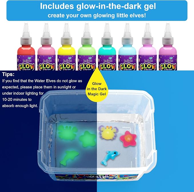 Kiditos Magic Water Elf Toy Kit for Kids, Glow-in-the-Dark Water Elves Craft Kit–DIY Water Pets Craft Kit with 8 Glow Gels, 10 Molds & Star Bottle, STEM Sensory Learning Toy for Ages 3+