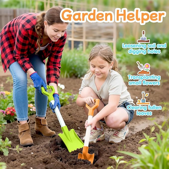 20 Inch Beach Sand Shovels for Kids, Heavy Duty Plastic Spades, 2 Pack Set for Sandbox Garden Snow Digging (Orange-Green)