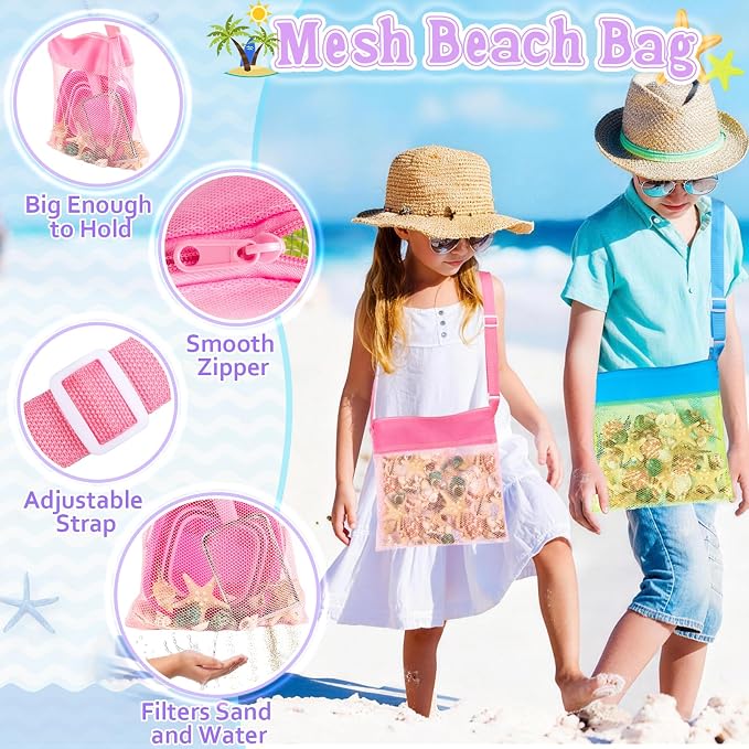 Meaicezli Beach Toys, 2 Packs Sand Toys for Shell Collecting, Collapsible Sand Buckets Shark Tooth Sifter and Mesh Bag, Shell Scooper for Beach Travel Essentials Kids Boys and Girls