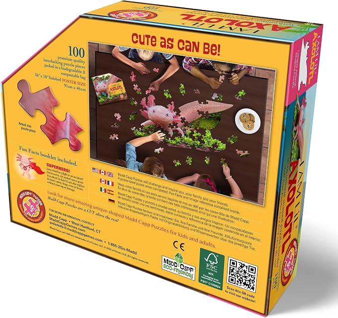 Madd CAPP: I Am Lil' Axolotl - 100 Piece Puzzle - Kids Animal-Shaped Jigsaw, 36" X 18" Finished Size, Poster Reference, Educational Fun Facts Booklet