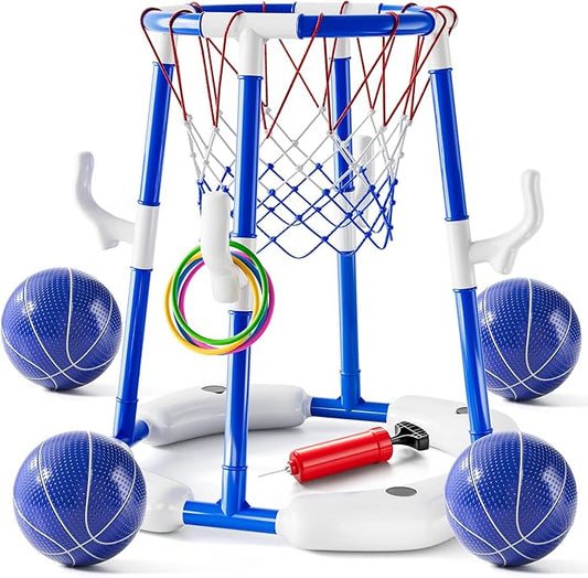 2-in-1 Pool Basketball Hoop & Ring Games with 4 Balls 12 Rings and Pump, Summer Water Outdoor Party Swimming Pool Toys Games for Kids Ages 4-8 8-12 Adult, Family Water Party Birthday Games Toys