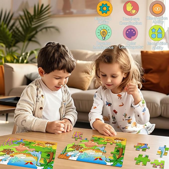 Wooden Puzzles Dinosaur Toys for Kids Ages 4-6, 4 Packs 24 Piece Wooden Jigsaw Puzzles Preschool Educational Brain Teaser Boards Toys Gifts for Boys and Girls 3 4 5 6 Years Old