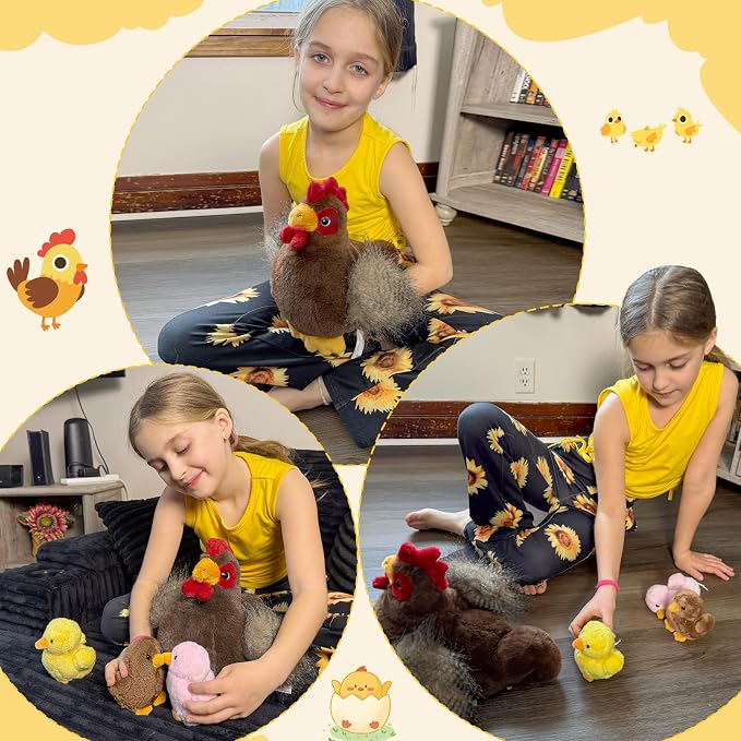 4 Pcs Easter Chicken Plush Set, Mom Hen Stuffed Animal with 3 Stuffed Wind Up Chicks Toy in Mother Chicken's Belly, Christmas Birthday Gift for Kids Girls Boys, Animal Theme Party Decor