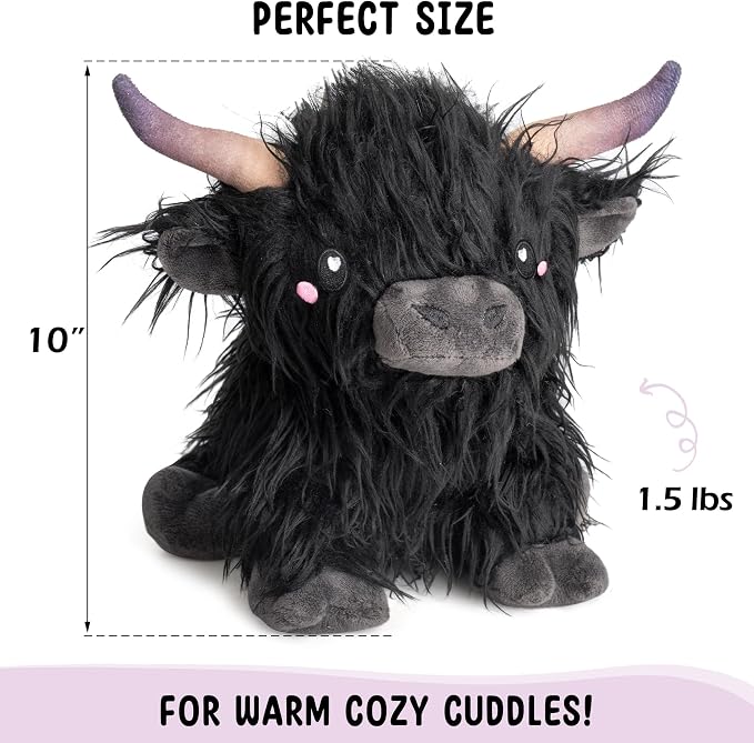 Happy Fuel Highland Cow Microwavable 1.5lbs Unscented Heating Pad for Women & Kids- Cute Soft Cozy Pillow Plush Heatable Warm Stuffed Animals- Kawaii Hot & Cold Plushie Toy- Cow Gifts for Girls & Boys