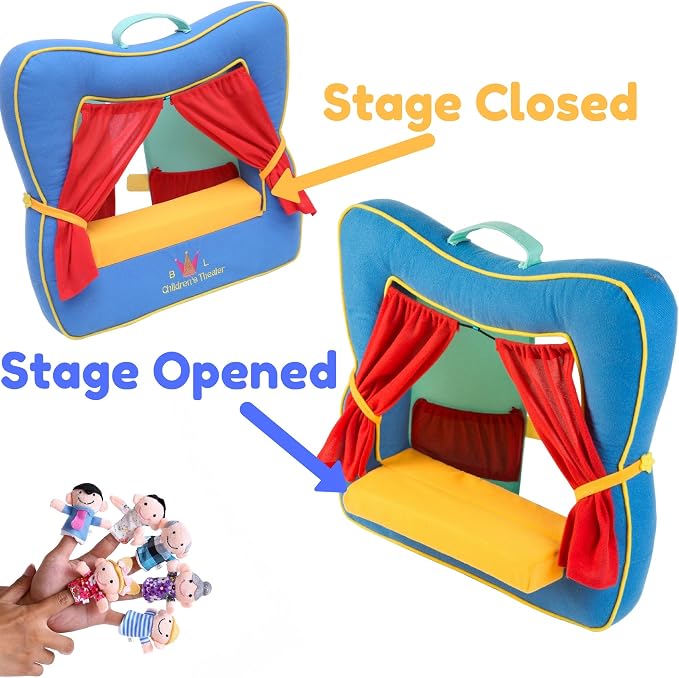 Finger Puppet Theater Stage by Better Line - Set Includes 6 Finger Family Puppets - Portable Plush Finger Puppet Theater is the Best Preschool Kids (Blue)