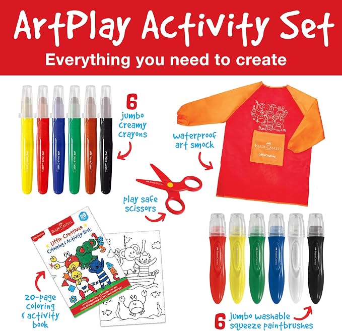 Faber-Castell Little Creatives ArtPlay Set: 15 Piece Toddler Art Set, Jumbo Crayons, Toddler Painting Set, and Kids Art Supplies, Spring Craft Supplies (Ages 3+)