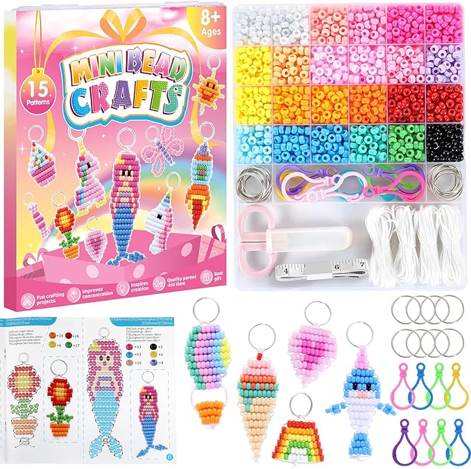 Funtopia Pony Beads Kit for Keychain Making, mini Pony Bead Pets for Kids Beginners，Includes Instructions for 15 Cute Designs and Storage Box, Kids Craft Kit for Rainy Day Group and Family Activities