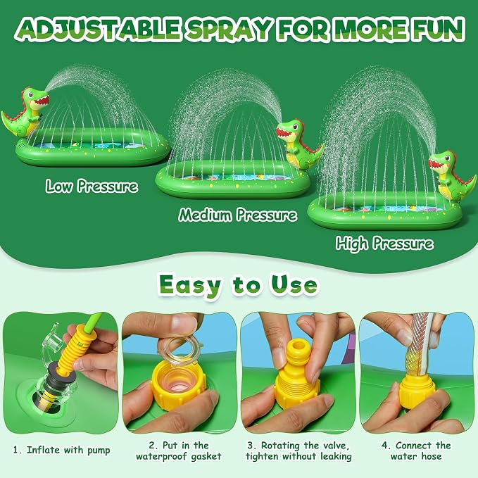 Splash Pad for Toddlers 1-3, Dinosaur Inflatable Sprinkler for Kids, 3-in-1 Baby Splash Pads Outdoor Play Mat, Kids Pool Backyard Summer Water Toys Birthday Gift for 1+ Year Old Girls Boys